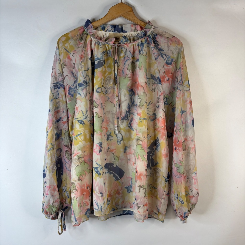 Elie Tahari Pastel Floral Sheer Blouse in Pink, Yellow & Blue